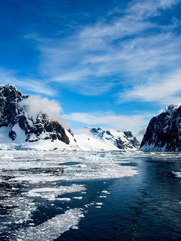 Antarctic mountain ocean and ice