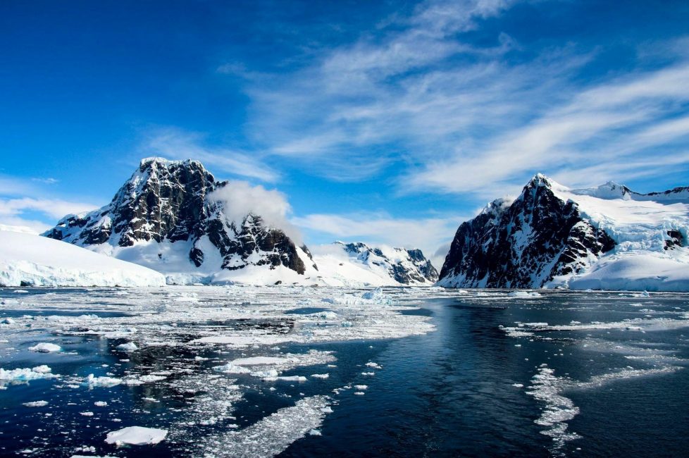Antarctic mountain ocean and ice