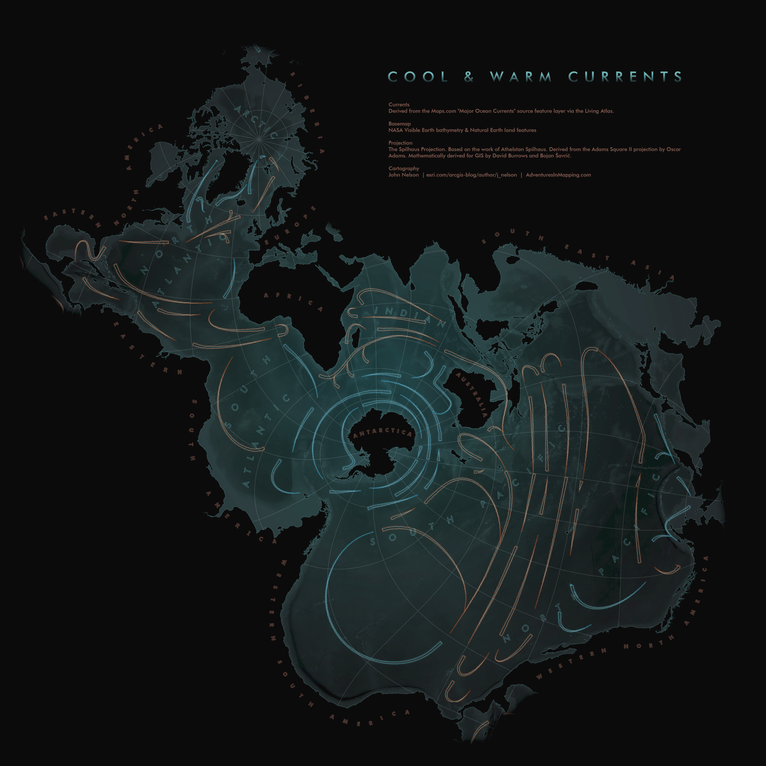 Spilhaus map of cool and warm currents